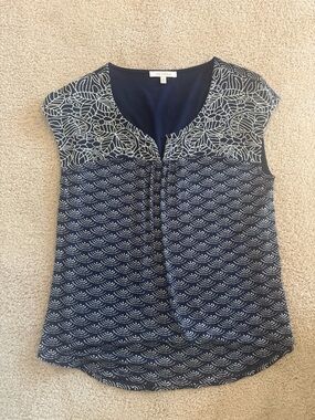 Navy Embroidered Cap-Sleeve Shell